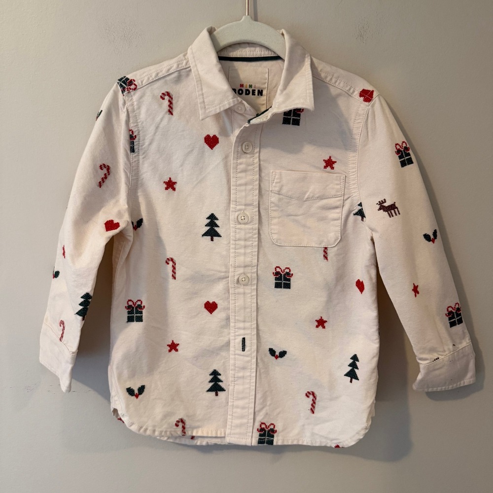 Mini Boden Boys Christmas Embroidered Cotton Button Down Shirt Cream 2-3Y